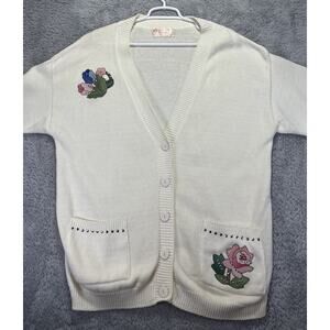 Womens Vintage‎ Floral Embroidered Sweater Ivory Cardigan Cottagecore Grandma M